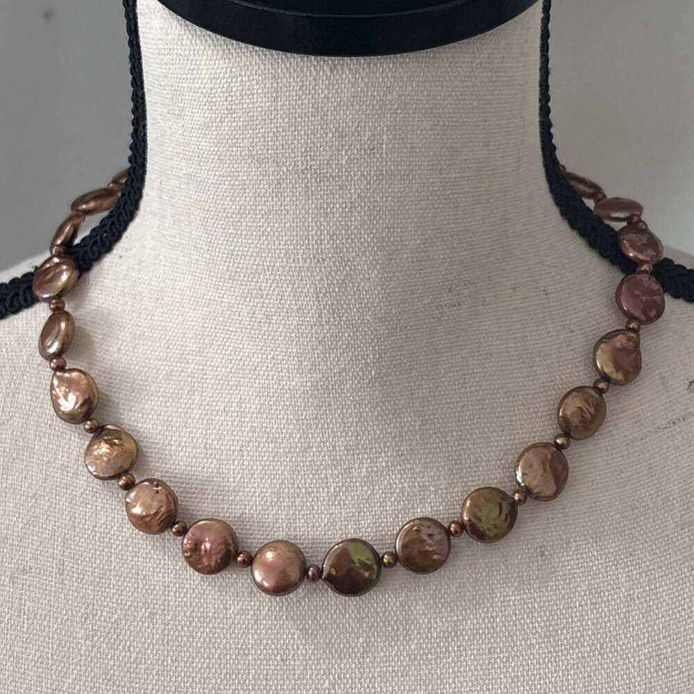 Genuine 10mm Bronze Coin Pearl Necklace Strand Sterling Silver 18-19.5" Adjust